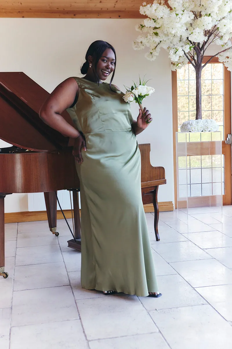 Olive Satin Cowl Back Maxi Dress sold by Chi Chi London