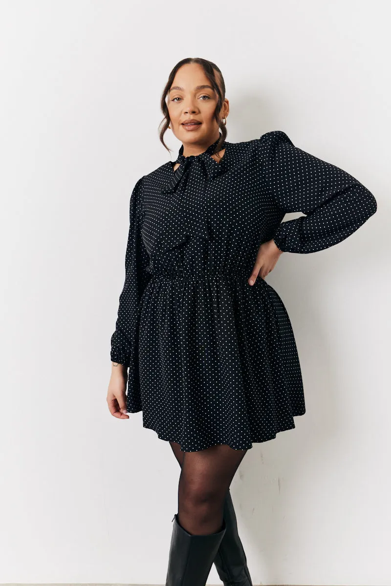 Black and White Polka Dot Mini Dress with Tie Neck sold by Chi Chi London