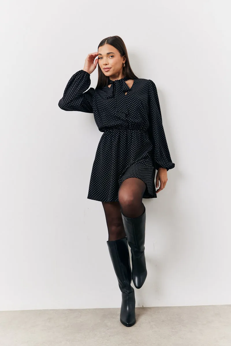 Black and White Polka Dot Mini Dress with Tie Neck sold by Chi Chi London product image thumbnail 5