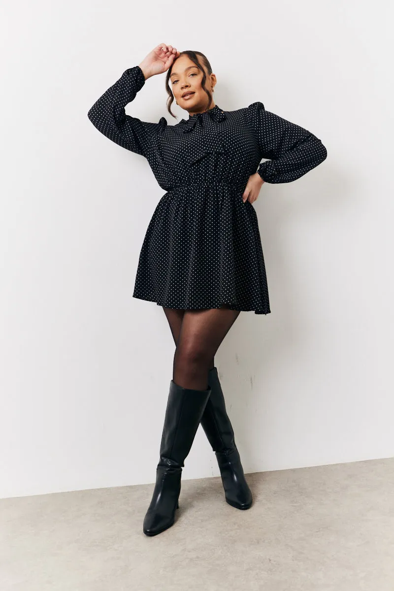 Black and White Polka Dot Mini Dress with Tie Neck sold by Chi Chi London product image thumbnail 2