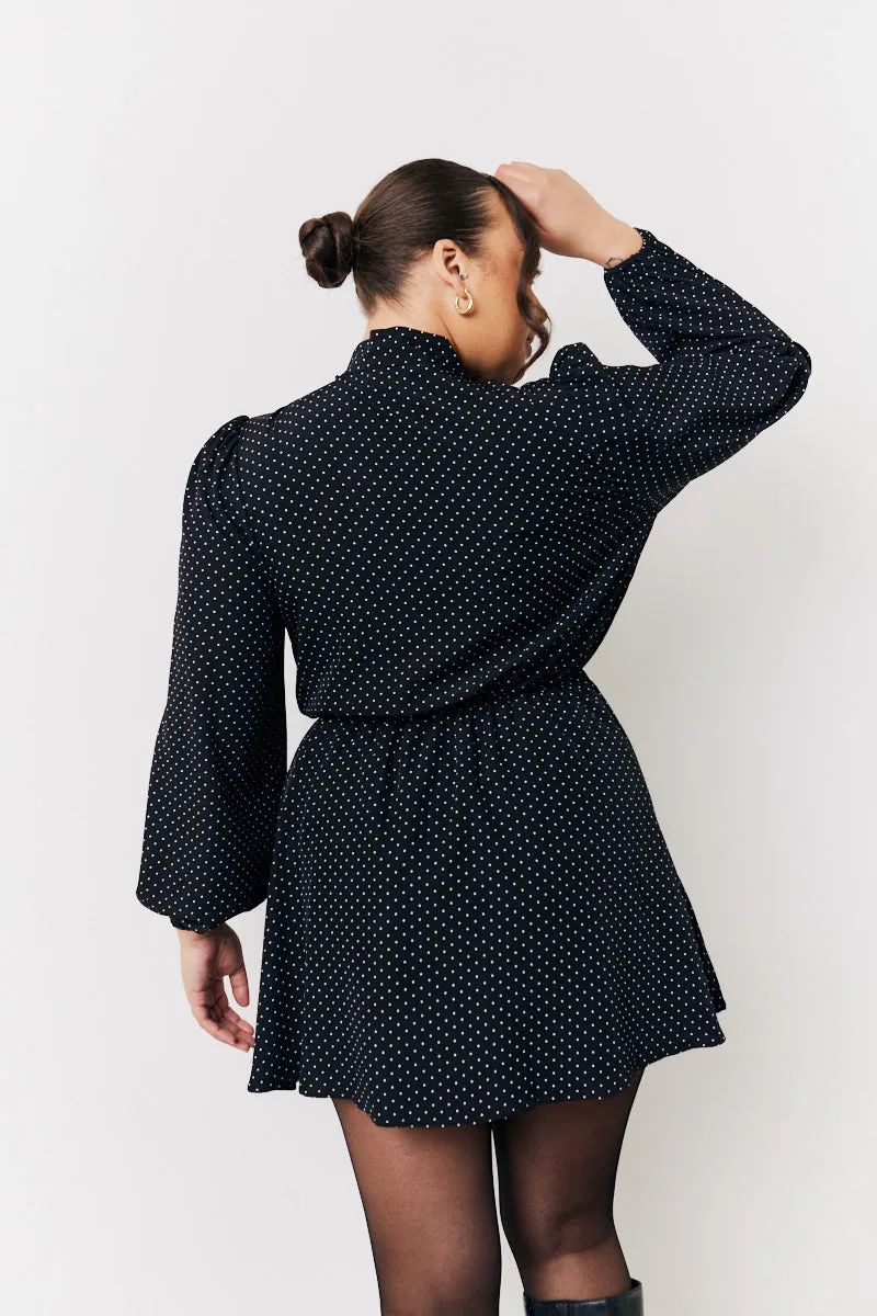 Black and White Polka Dot Mini Dress with Tie Neck sold by Chi Chi London product image thumbnail 4