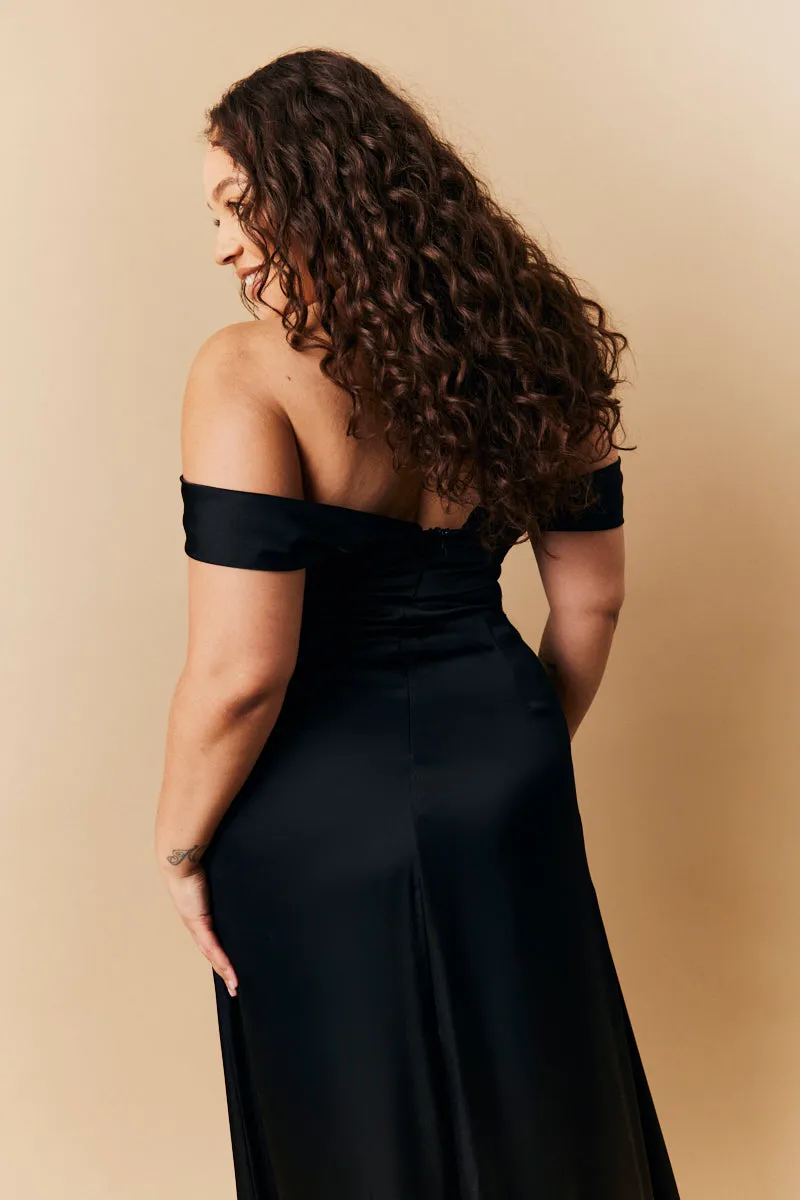 Black Satin Bardot Ruched Maxi Dress sold by Chi Chi London product image thumbnail 4