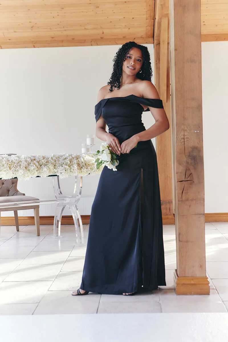 Black Satin Bardot Ruched Maxi Dress sold by Chi Chi London