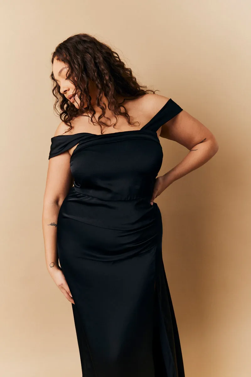 Black Satin Bardot Ruched Maxi Dress sold by Chi Chi London product image thumbnail 5