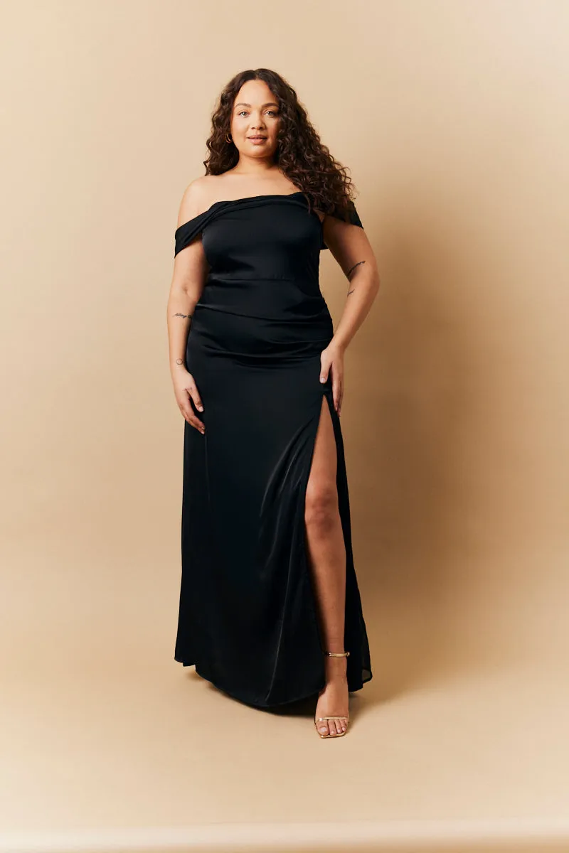 Black Satin Bardot Ruched Maxi Dress sold by Chi Chi London product image thumbnail 2