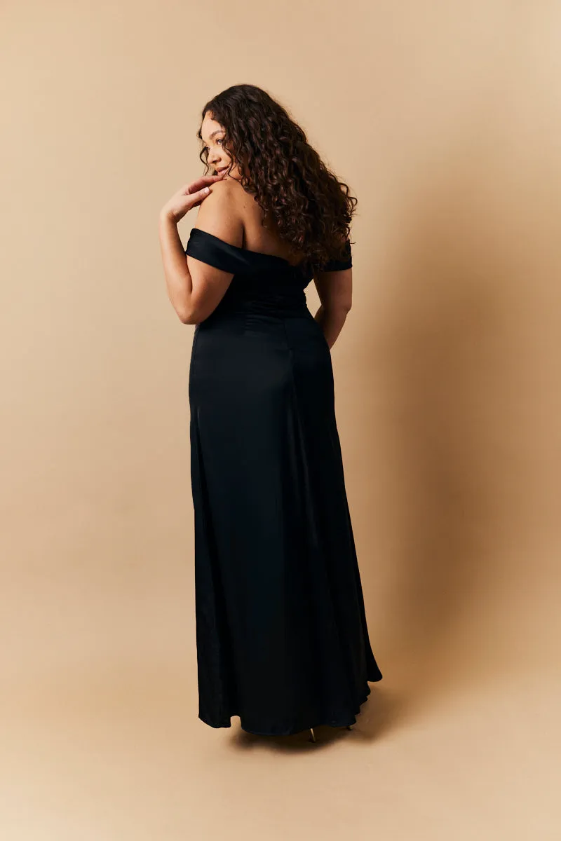 Black Satin Bardot Ruched Maxi Dress sold by Chi Chi London product image thumbnail 3