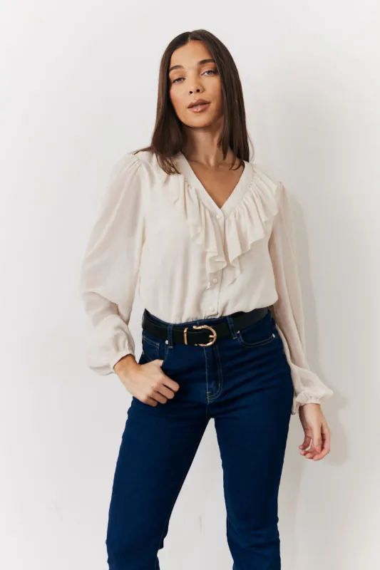 Cream Button Front Frill Bodysuit made by In the style