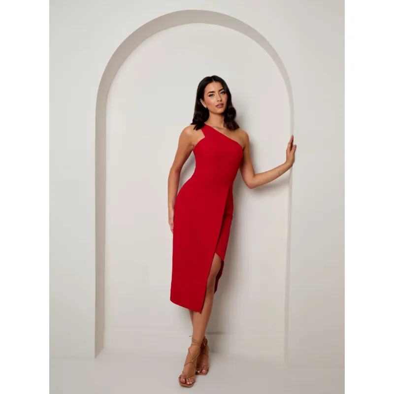 Chi Chi London One Shoulder Split Detail Midi Dress in Red made by In the style