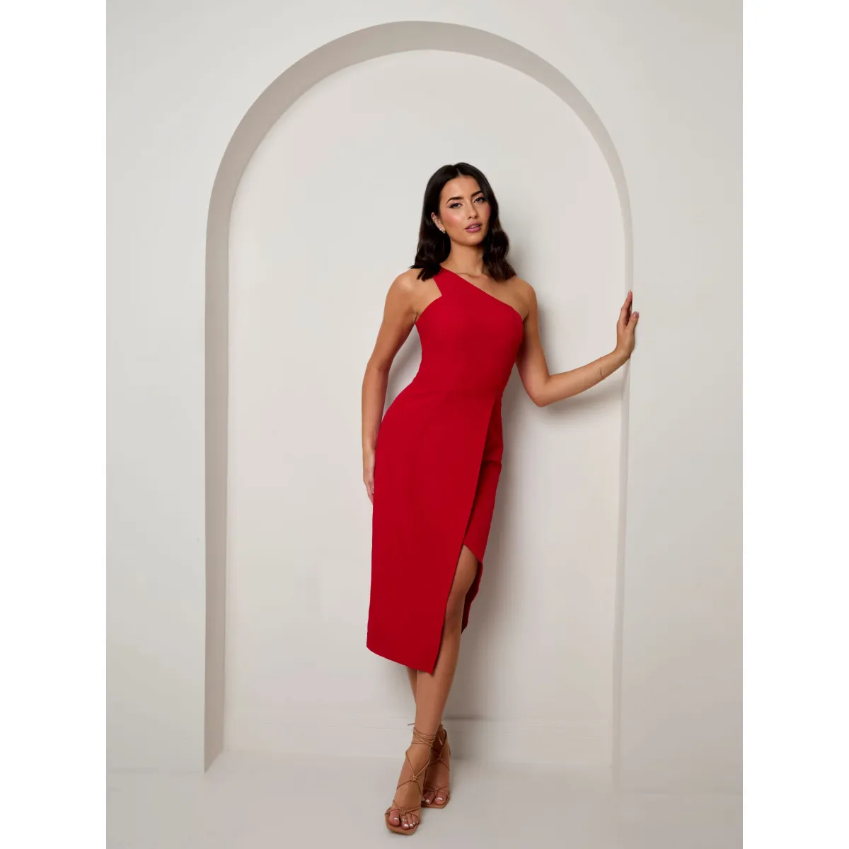 Chi Chi London One Shoulder Split Detail Midi Dress in Red sold by Chi Chi London