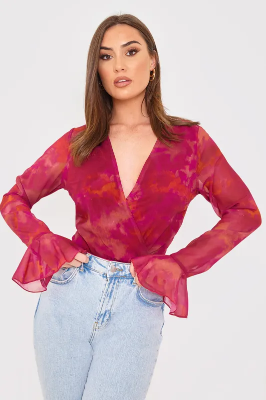 Wrap Front Flared Cuff Bodysuit made by In the style