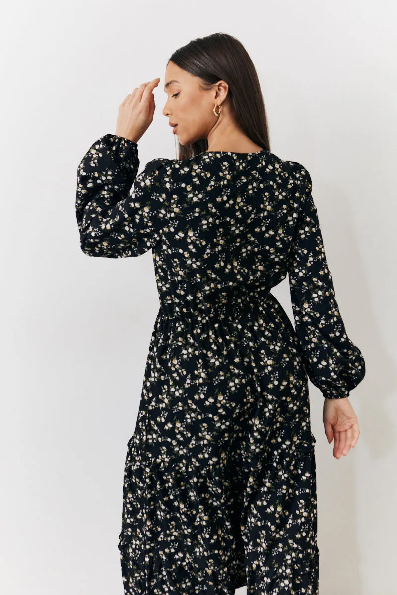 Black Ditsy Floral Printed Wrap Midi Dress sold by Chi Chi London product image thumbnail 4