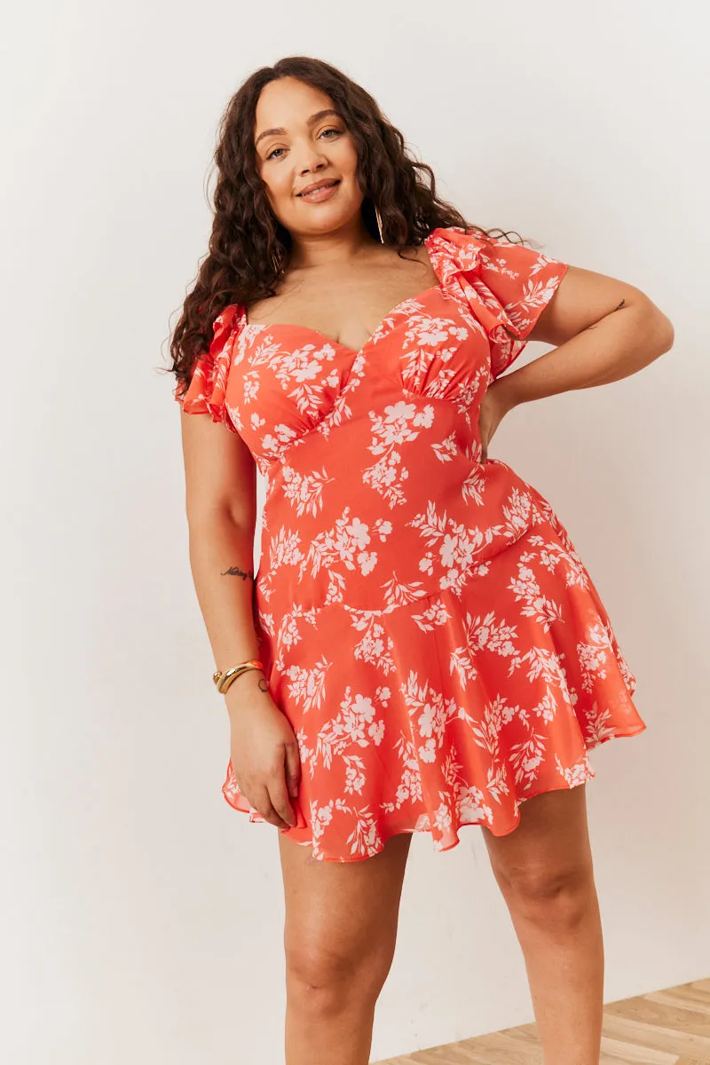Coral Floral Print Chiffon Flutter Sleeve Mini Dress sold by Chi Chi London product image thumbnail 3