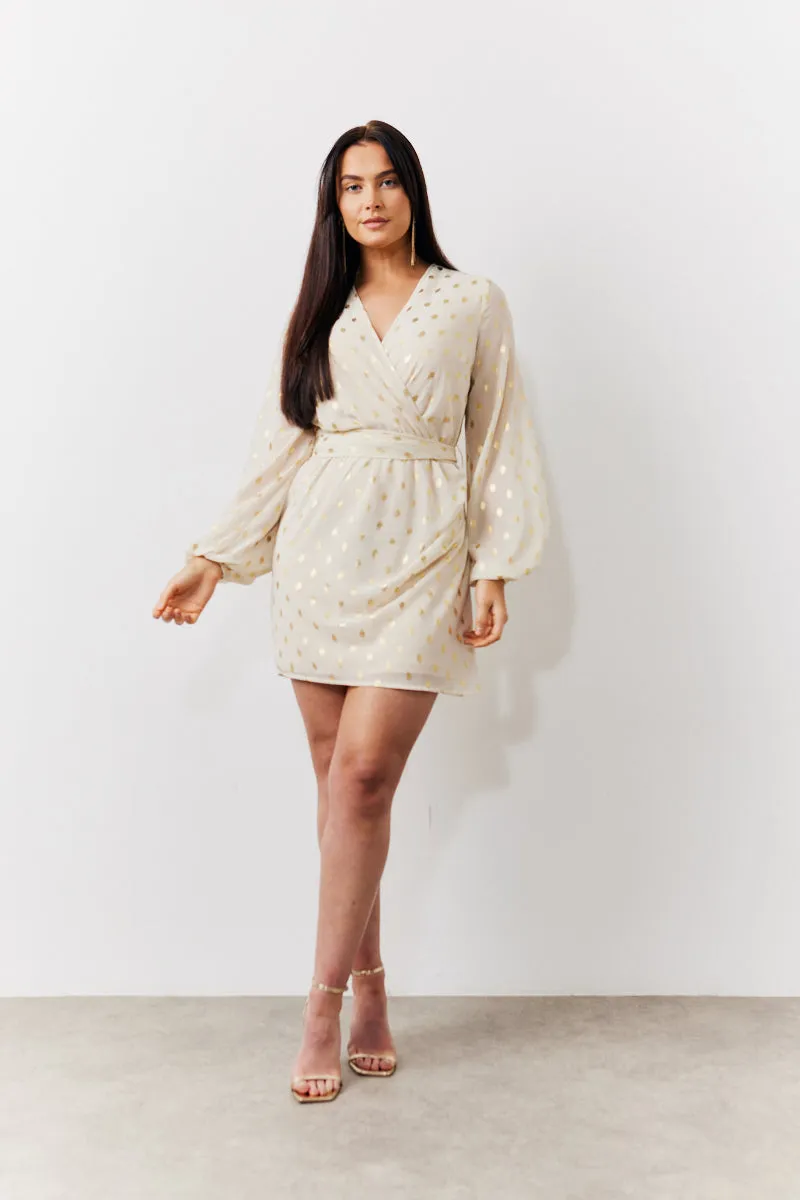 Cream Gold Fleck Detail Belted Mini Dress sold by Chi Chi London