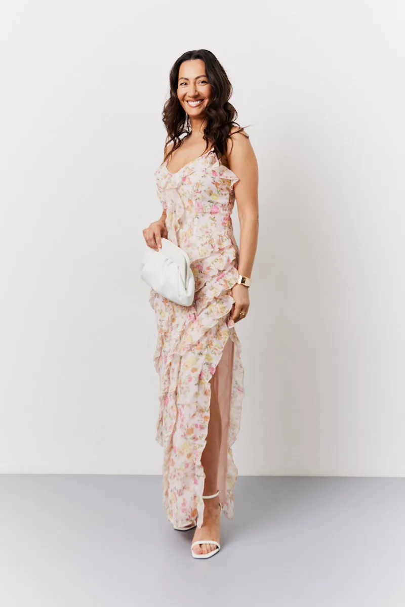 Pink Floral Frill Detail Maxi Dress sold by Chi Chi London