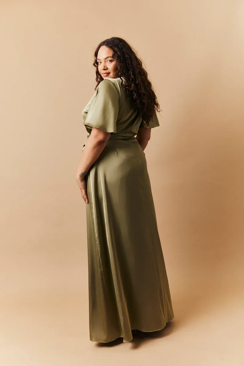 Olive Satin Wrap Tie Angel Sleeve Maxi Dress sold by Chi Chi London product image thumbnail 3