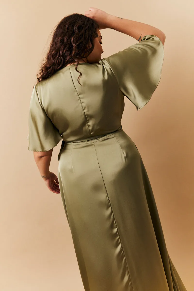 Olive Satin Wrap Tie Angel Sleeve Maxi Dress sold by Chi Chi London product image thumbnail 4