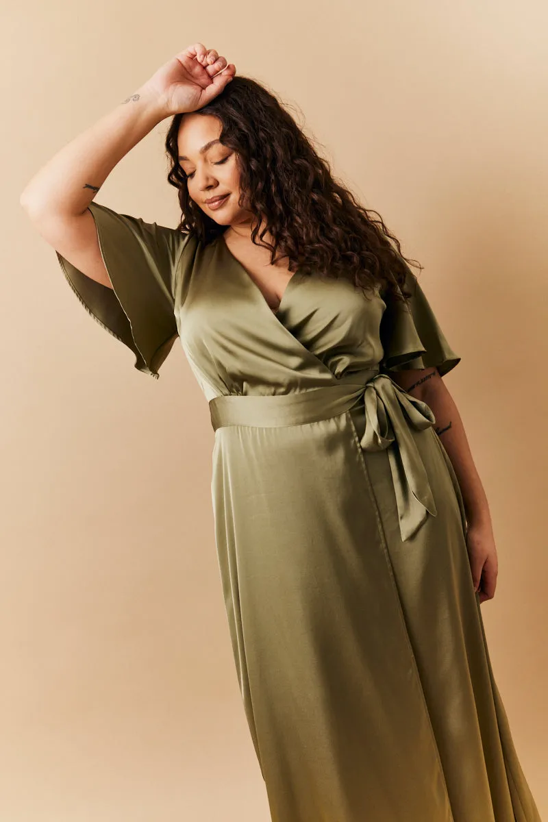 Olive Satin Wrap Tie Angel Sleeve Maxi Dress sold by Chi Chi London product image thumbnail 5