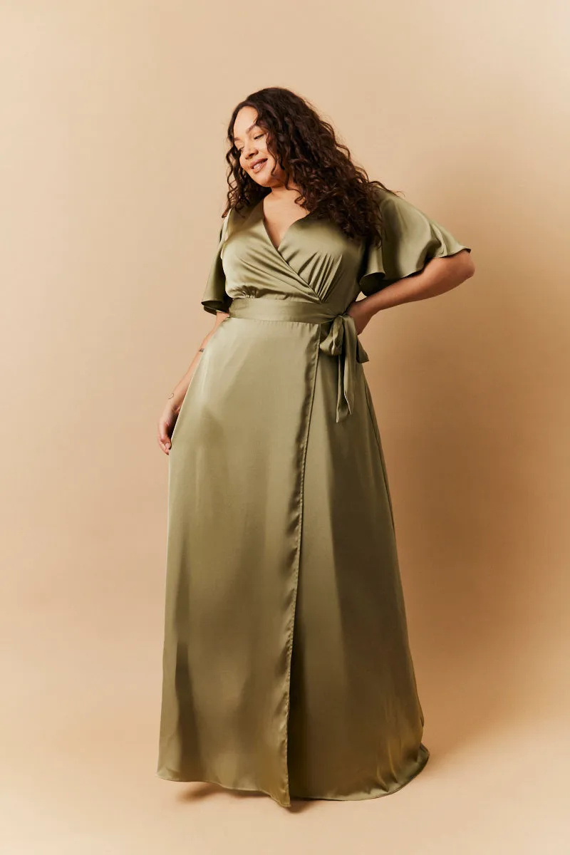 Olive Satin Wrap Tie Angel Sleeve Maxi Dress sold by Chi Chi London product image thumbnail 2