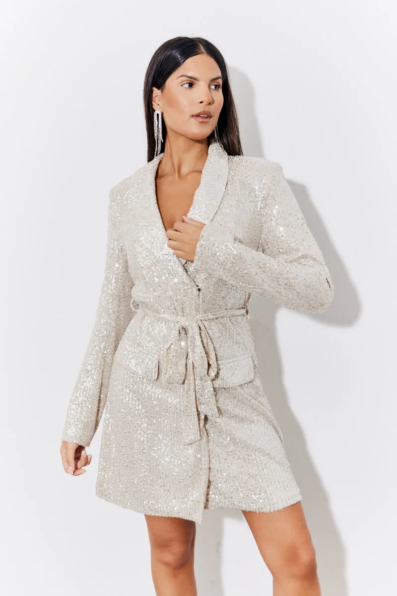 Silver Sequin Belted Blazer Dress sold by Chi Chi London