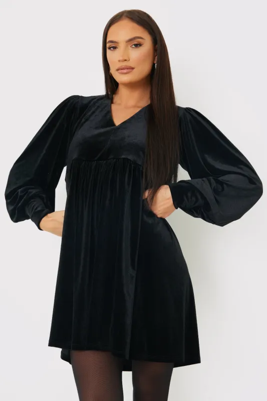 Black Velvet Smock Mini Dress made by In the style
