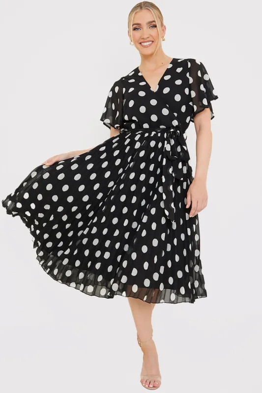 Polka Dot Print Pleated Wrap Midi Dress made by In the style