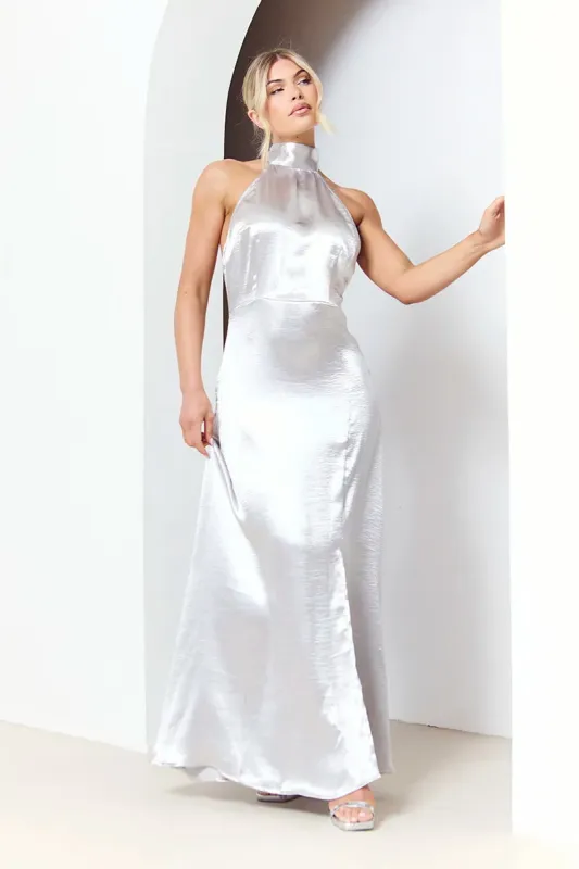In The Style Silver Liquid Satin Halterneck Split Detail Maxi Dress made by Chi Chi London