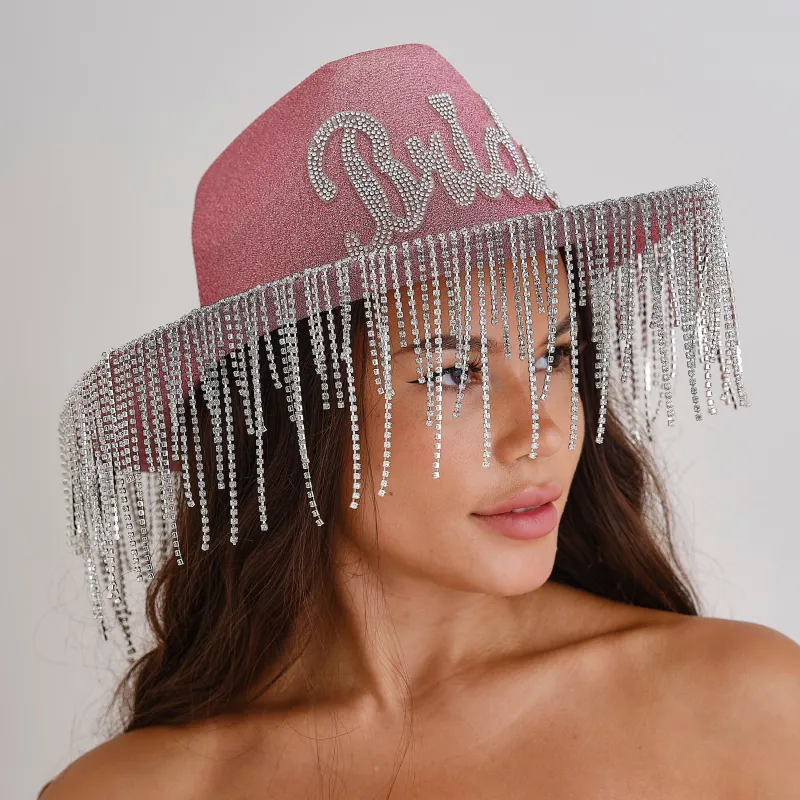 Pink Glitter Bride Cowboy Hat made by Chi Chi London