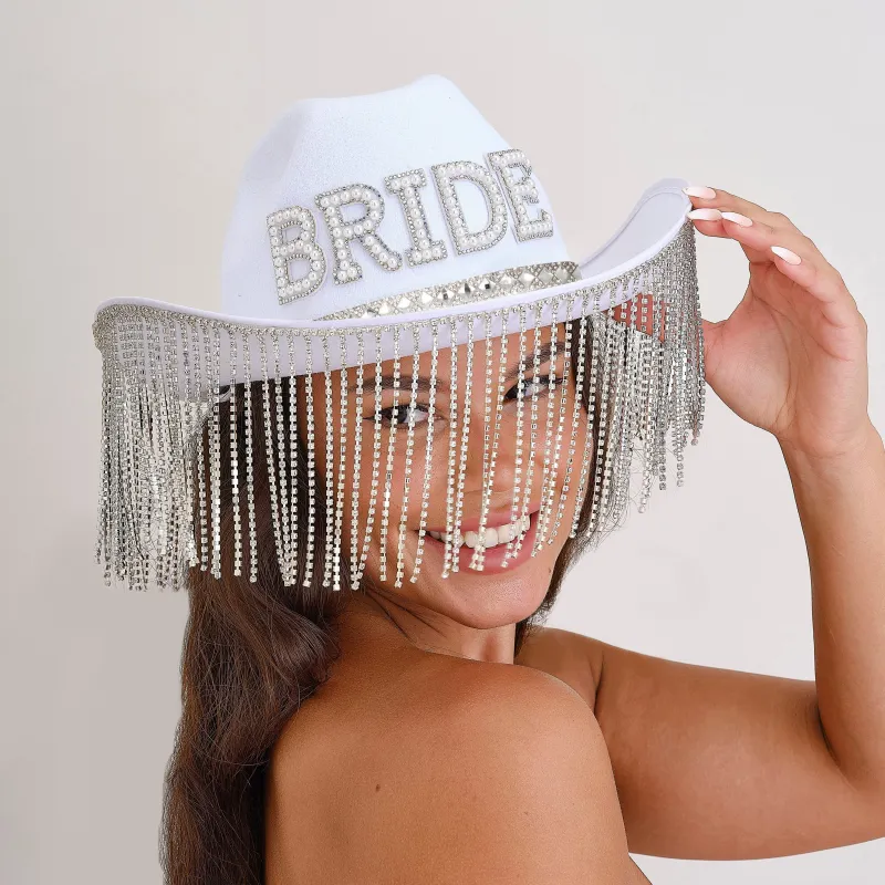 White Embellished Bride Cowboy Hat made by Chi Chi London