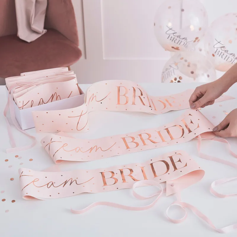Pink and Rose Gold Team Bride Hen Party Sashes 6 Pack made by Chi Chi London