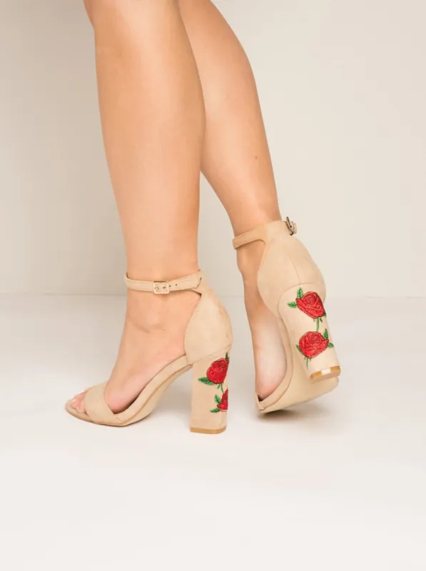 Block Heel Floral Sandal in Beige sold by Chi Chi London
