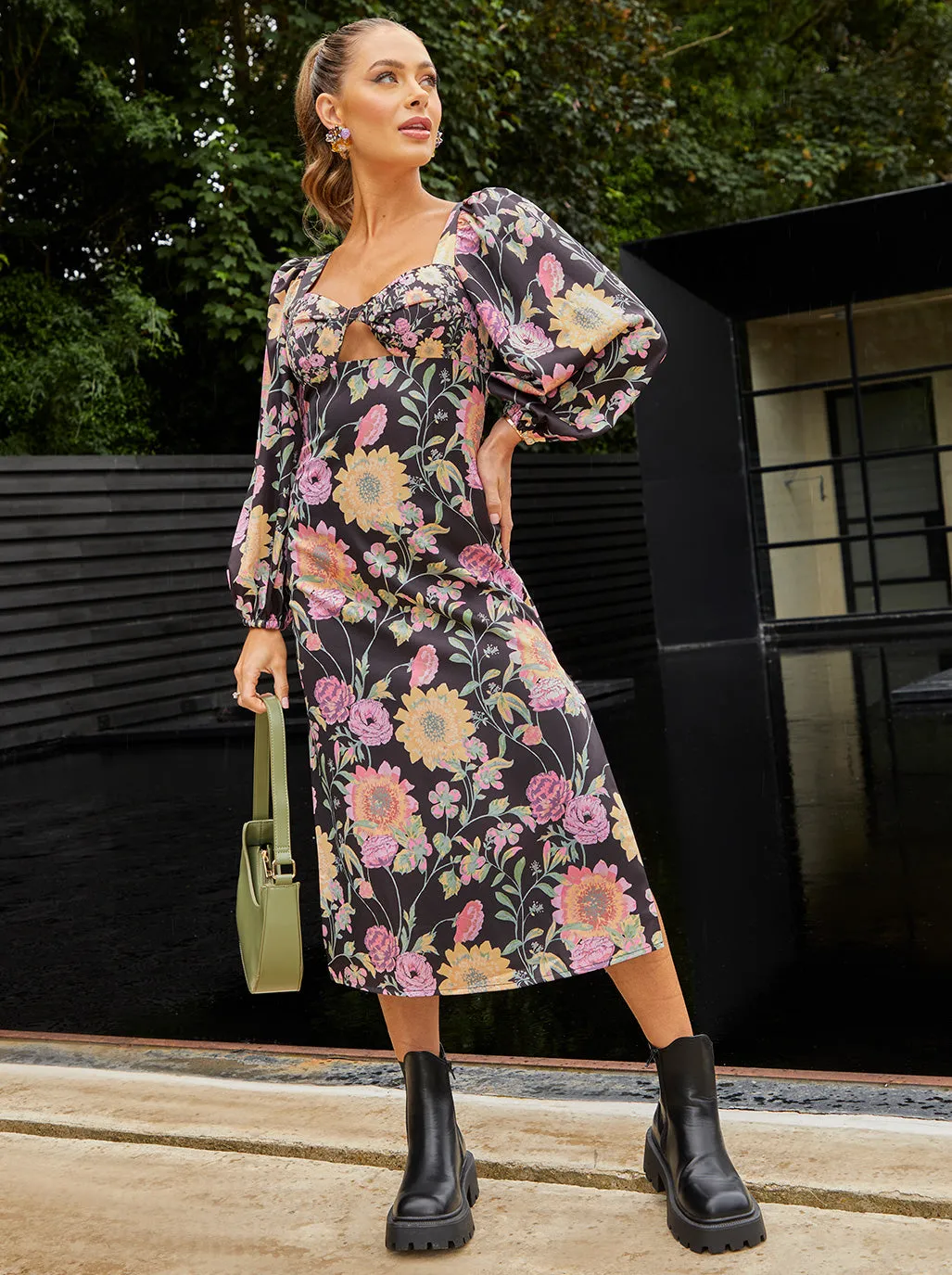 Long Sleeve Cut-Out Detail Floral Print Midi Dress in Black sold by Chi Chi London product image thumbnail 3