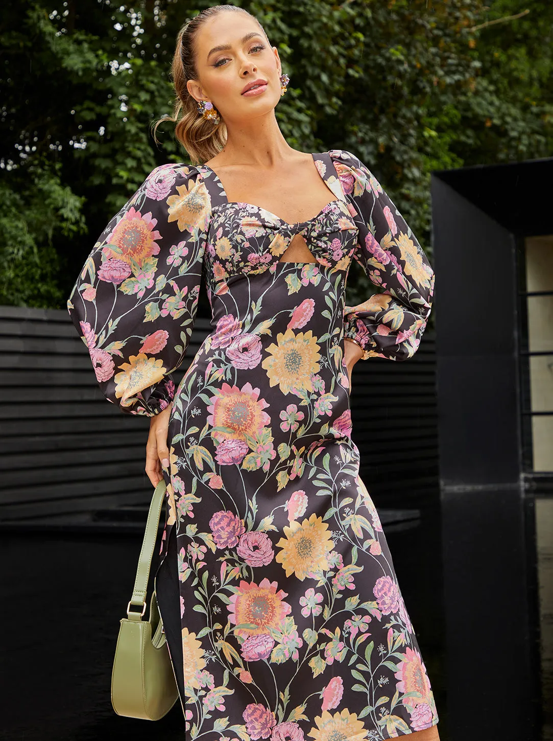 Long Sleeve Cut-Out Detail Floral Print Midi Dress in Black sold by Chi Chi London