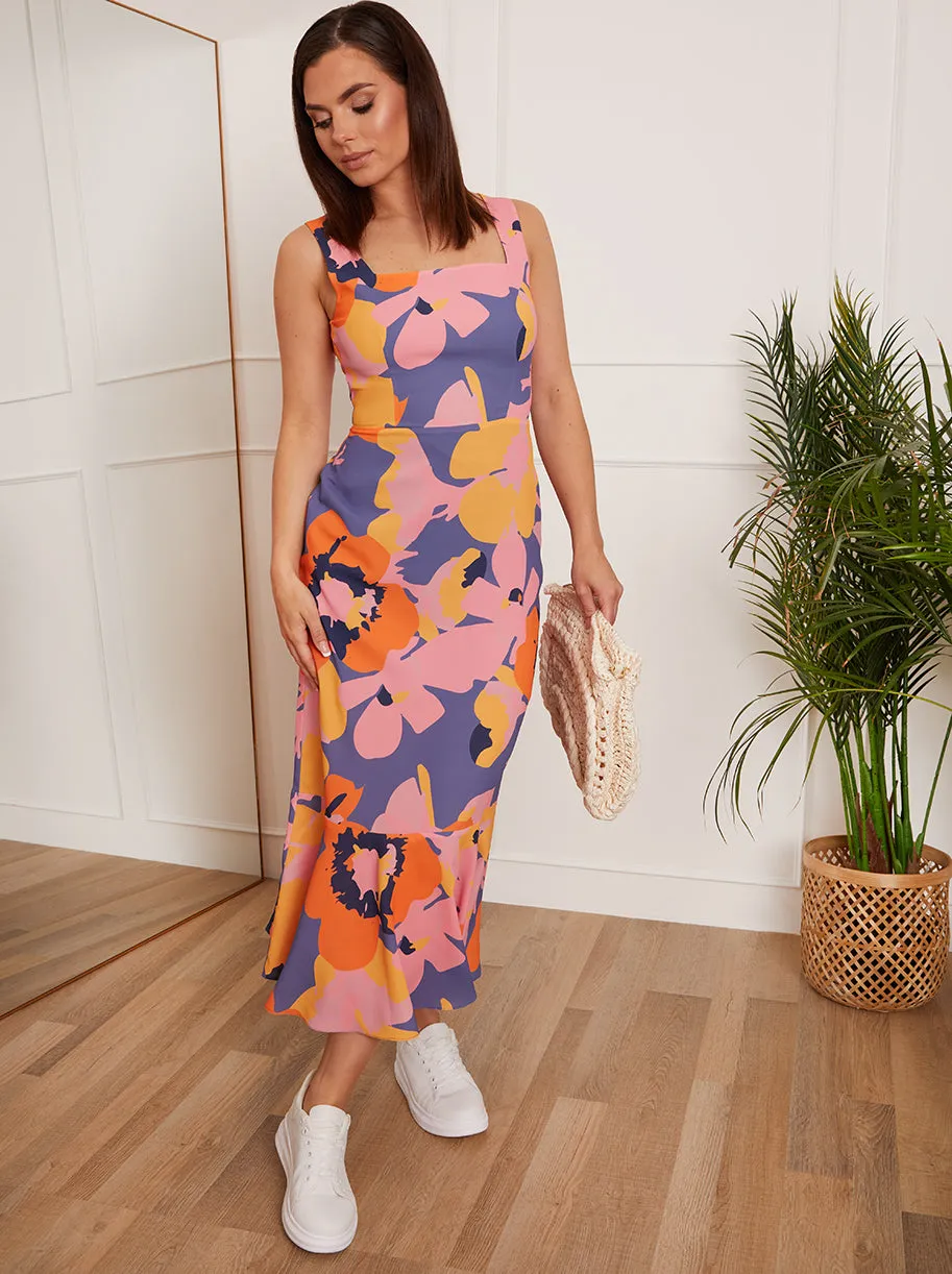 Petite Square Neck Abstract Floral Print Midi Dress in Blue sold by Chi Chi London