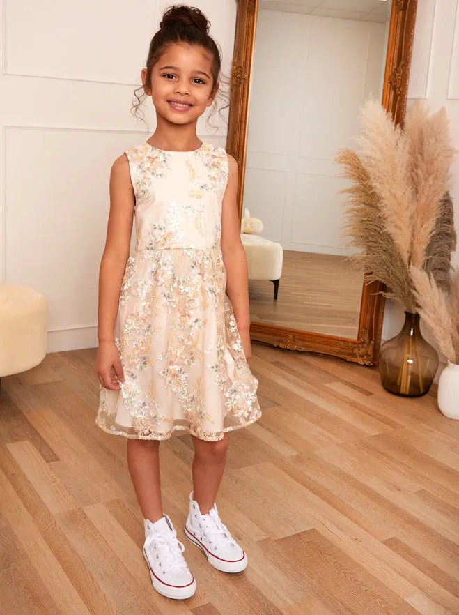 Younger Girls Floral Embroidered Dress in Cream sold by Chi Chi London