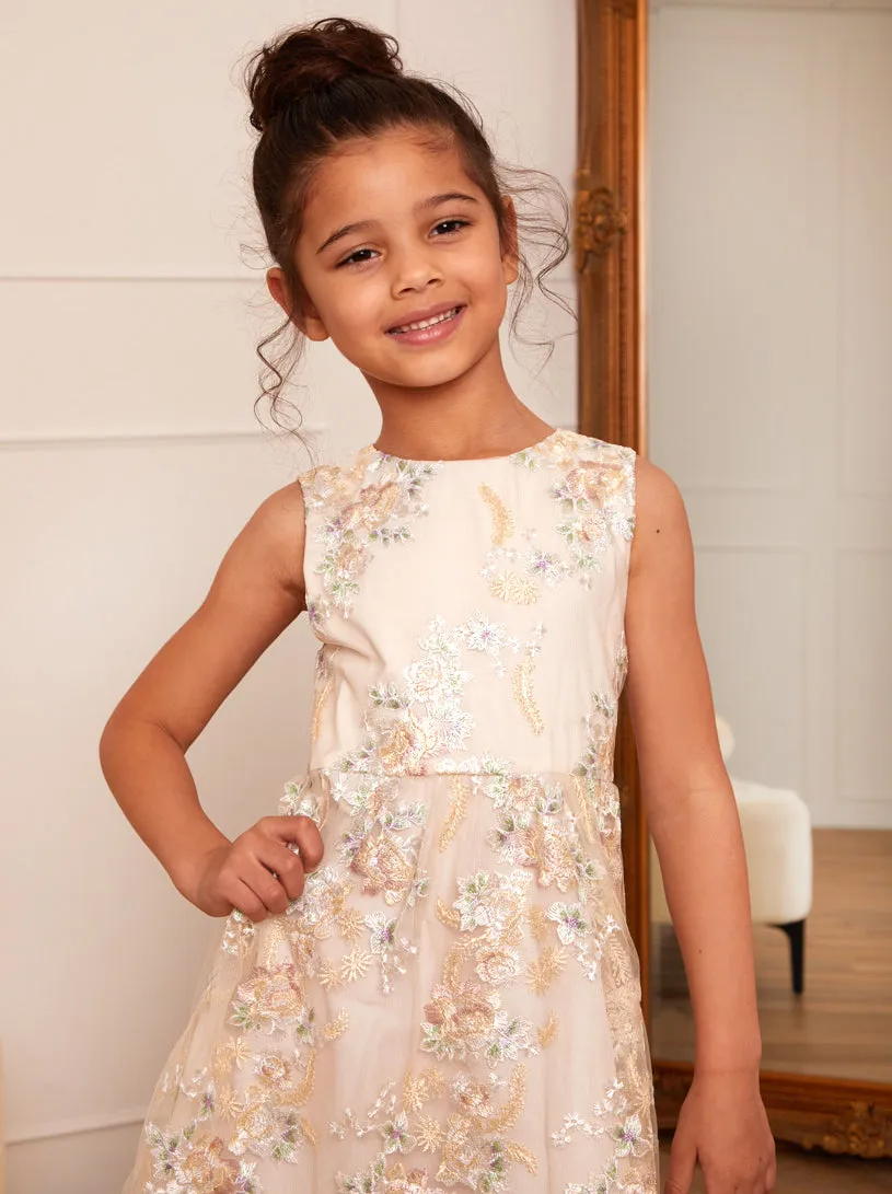 Younger Girls Floral Embroidered Dress in Cream sold by Chi Chi London product image thumbnail 3