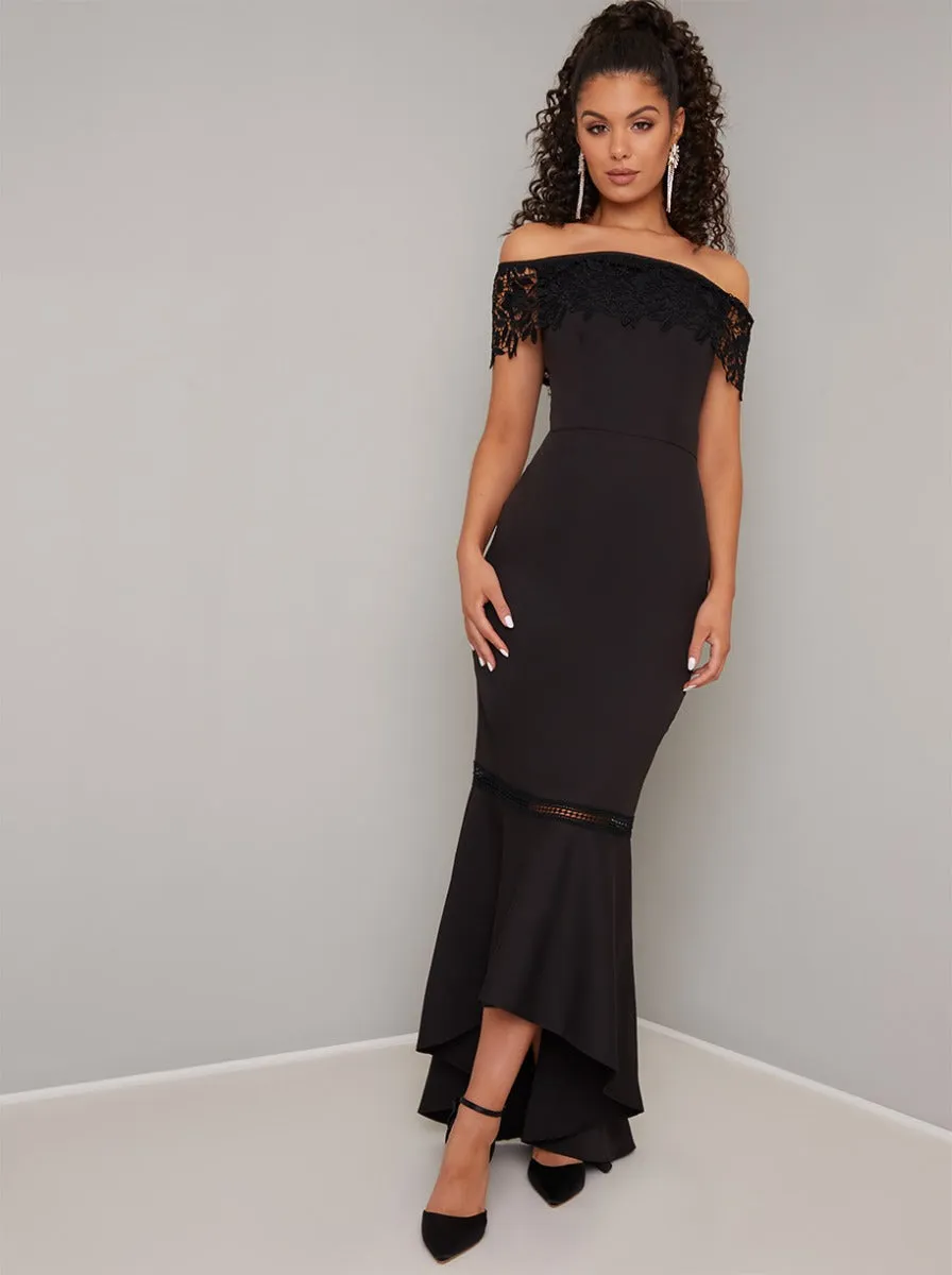 Bardot Lace Dip Hem Maxi Dress in Black sold by Chi Chi London