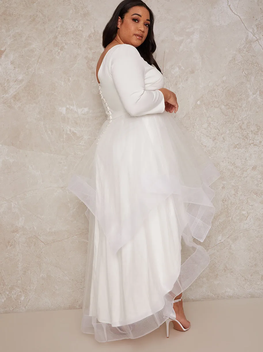 Plus Size Tulle Dip Hem Bridal Dress with Long Sleeves in White sold by Chi Chi London product image thumbnail 4