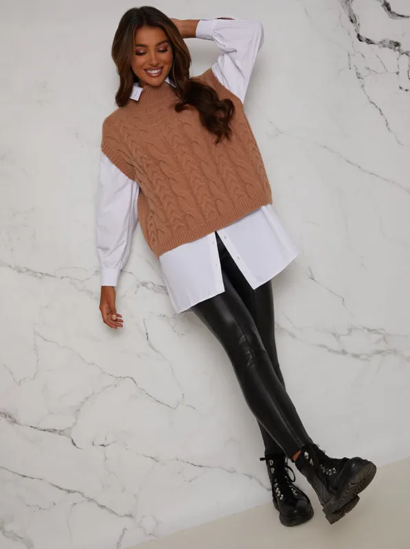 Cable Knit Vest in Tan sold by Chi Chi London