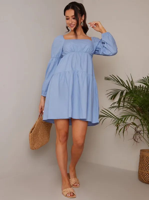 Square Neck Cotton Tiered Mini Dress in Blue sold by Chi Chi London
