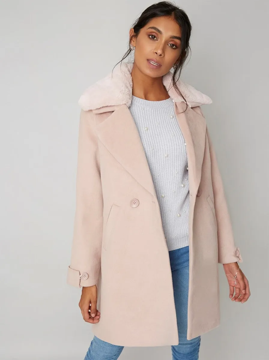 Faux Fur Collar Longline Coat in Pink sold by Chi Chi London product image thumbnail 2