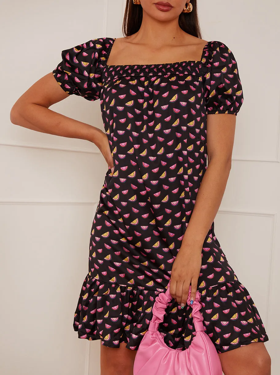 Puff Sleeve Watermelon Print Midi Dress in Black sold by Chi Chi London product image thumbnail 3