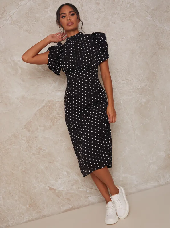 High Neck Spot Print Midi Dress in Black sold by Chi Chi London