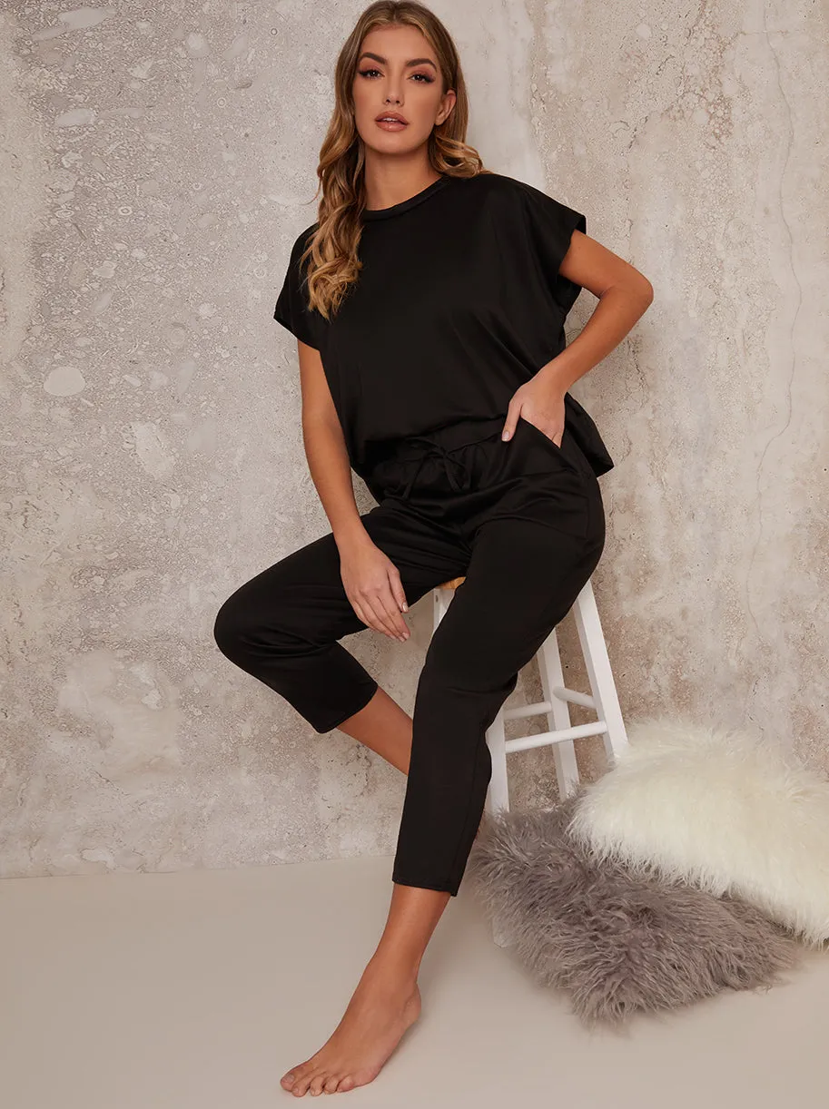 T-Shirt Short Sleeved Crop Lounge Set in Black sold by Chi Chi London