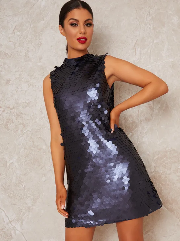 High Neck Sleeveless Sequin Mini Party Dress in Blue sold by Chi Chi London