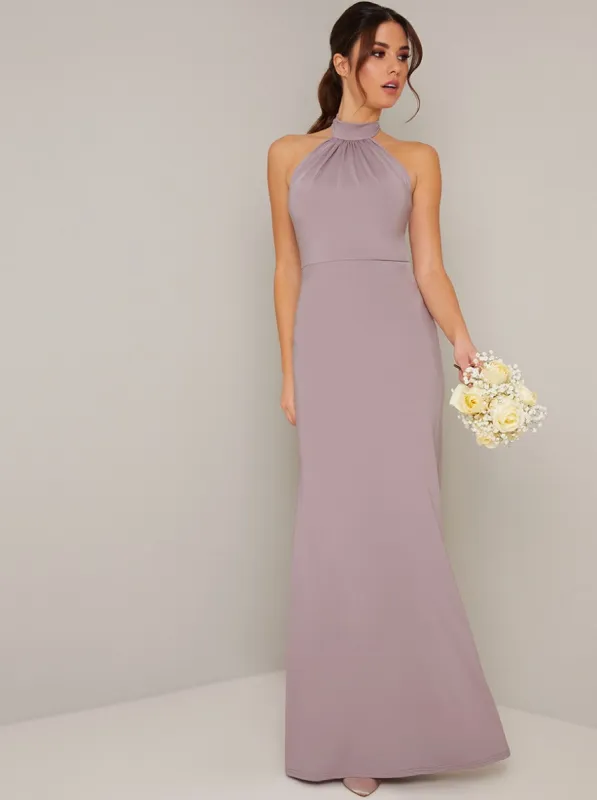 Halter Neck Fitted Maxi Dress in Purple sold by Chi Chi London