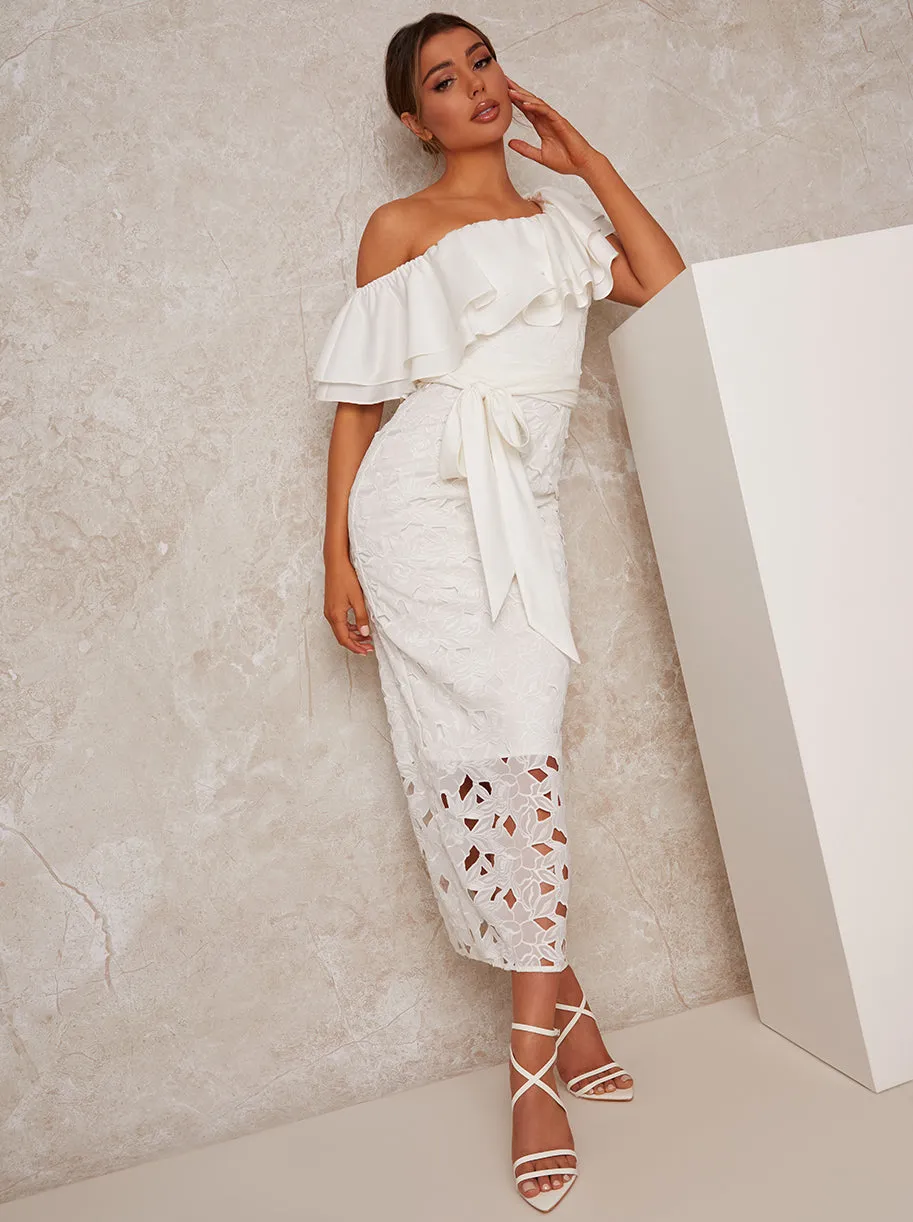 Off Shoulder Crochet Maxi Dress in White sold by Chi Chi London product image thumbnail 3