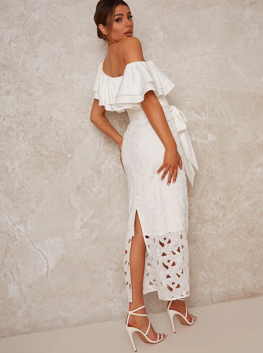 Off Shoulder Crochet Maxi Dress in White sold by Chi Chi London product image thumbnail 2