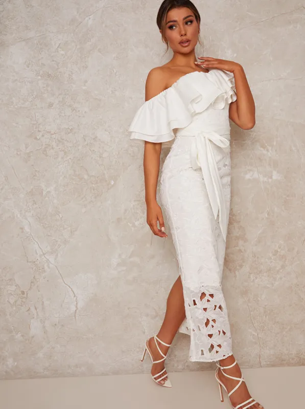 Off Shoulder Crochet Maxi Dress in White sold by Chi Chi London