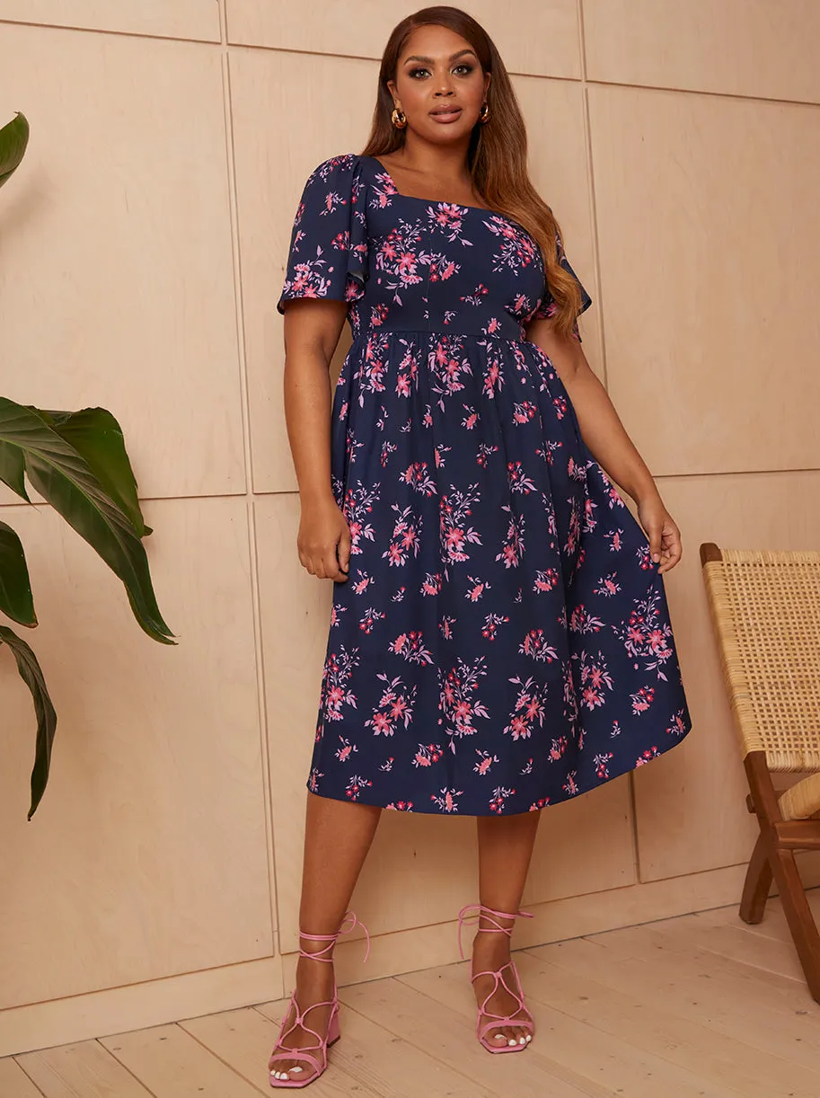 Square Neck Ditsy Floral Midi Dress in Navy sold by Chi Chi London