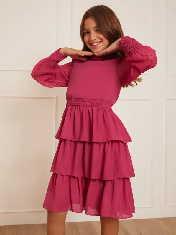 Older Girls Long Sleeve Tiered Midi Dress in Pink sold by Chi Chi London